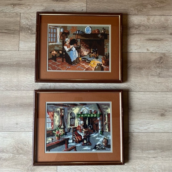 Vintage Other - Vintage needlepoint cross stitch wall art cottage fireplace scenes